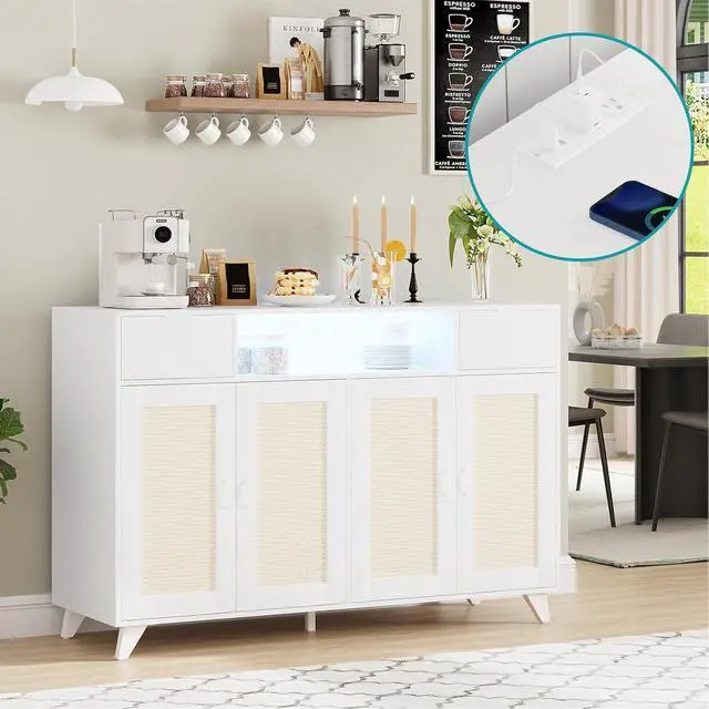Alt view image 7 of 7 - Rattan Sideboard Buffet Cabinet with Power Outlet & LED Lights 4 Door Accent Storage Cabinet, 2 Drawers Console Table with Adjustable Shelves, Modern Coffee Bar for Living Room, Dining Room, White