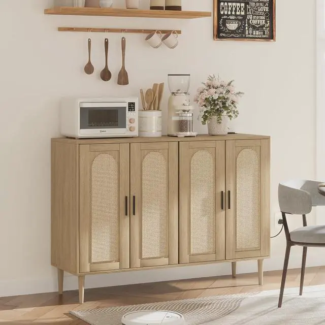 Alt view image 6 of 7 - Patikuin Rattan Sideboard Buffet Cabinet, 4 Doors Accent Storage Cabinet, Console Table Coffee Bar with Power Outlet, Adjustable Shelves for Kitchen, Dining Room, Hallway, Living Room, Natural