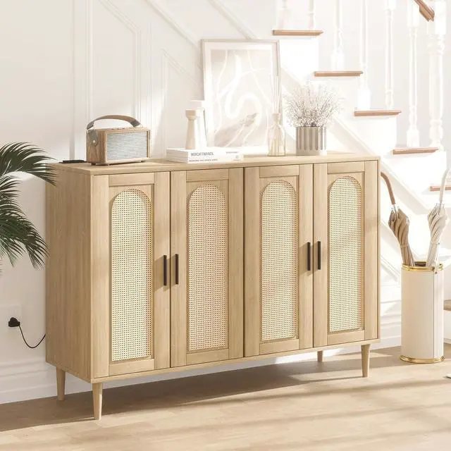 Alt view image 4 of 7 - Patikuin Rattan Sideboard Buffet Cabinet, 4 Doors Accent Storage Cabinet, Console Table Coffee Bar with Power Outlet, Adjustable Shelves for Kitchen, Dining Room, Hallway, Living Room, Natural