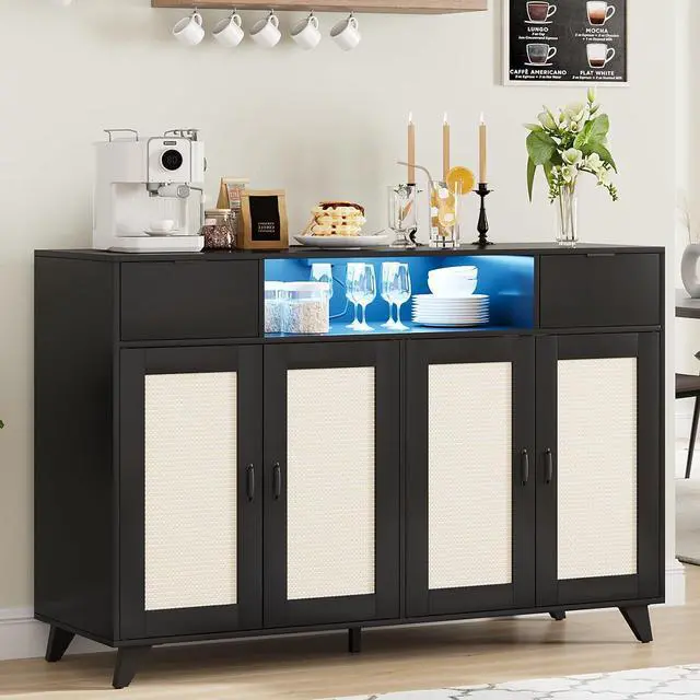 Main image of Rattan Sideboard Buffet Cabinet, 2 Drawers Accent Storage Cabinet, 4 Doors Console Table Coffee Bar With Power Outlet, Adjustable Shelves for Living Room, Dining Room, Hallway, Kitchen (black)