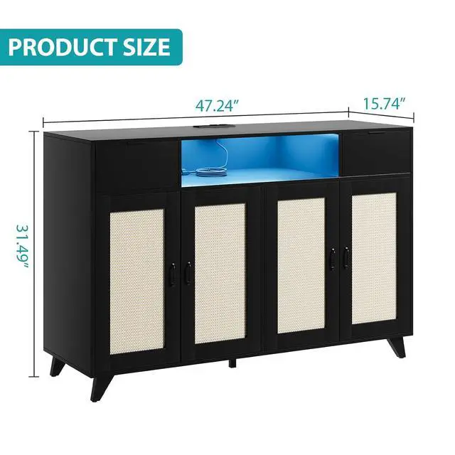Alt view image 2 of 7 - Rattan Sideboard Buffet Cabinet, 2 Drawers Accent Storage Cabinet, 4 Doors Console Table Coffee Bar With Power Outlet, Adjustable Shelves for Living Room, Dining Room, Hallway, Kitchen (black)