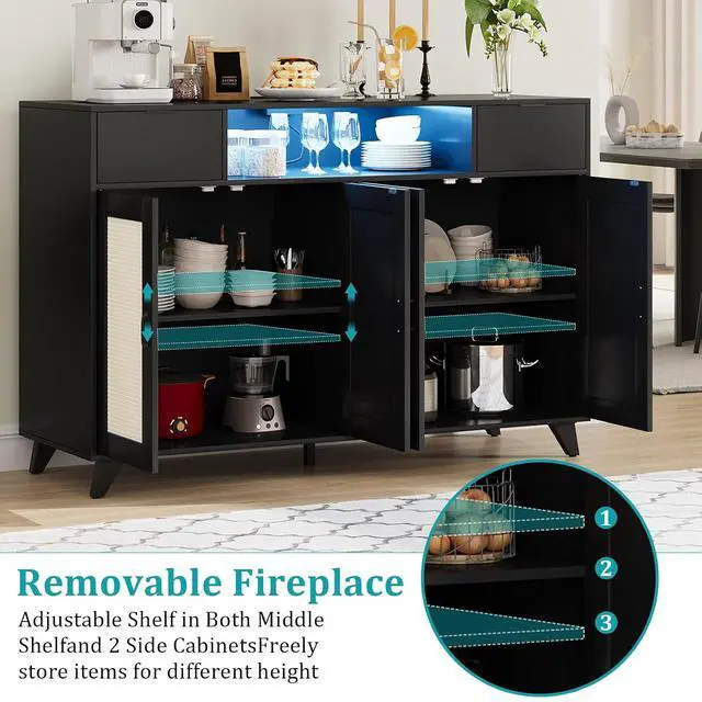 Alt view image 3 of 7 - Rattan Sideboard Buffet Cabinet, 2 Drawers Accent Storage Cabinet, 4 Doors Console Table Coffee Bar With Power Outlet, Adjustable Shelves for Living Room, Dining Room, Hallway, Kitchen (black)