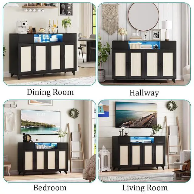 Alt view image 6 of 7 - Rattan Sideboard Buffet Cabinet, 2 Drawers Accent Storage Cabinet, 4 Doors Console Table Coffee Bar With Power Outlet, Adjustable Shelves for Living Room, Dining Room, Hallway, Kitchen (black)