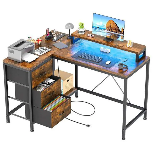Main image of Patikuin L Shaped Desk with Power Outlets & LED Lights, Computer Desk with Drawers & Shelves, Corner Desk Gaming Desk Home Office Desk, Rustic Brown