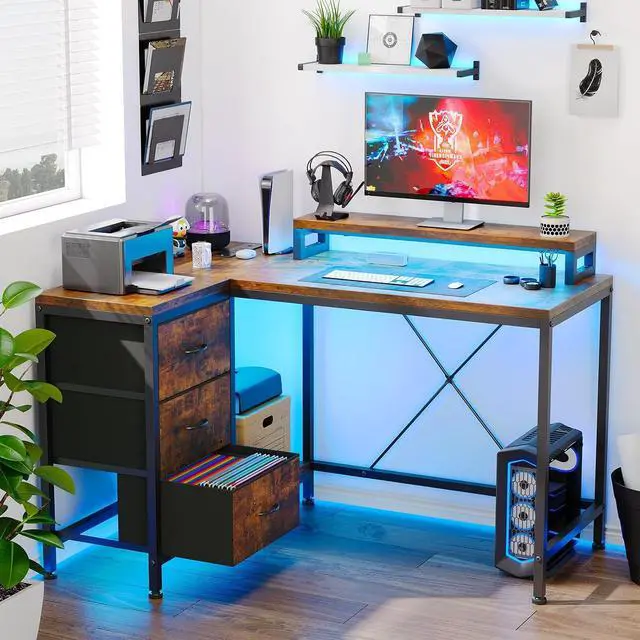 Alt view image 2 of 7 - Patikuin L Shaped Desk with Power Outlets & LED Lights, Computer Desk with Drawers & Shelves, Corner Desk Gaming Desk Home Office Desk, Rustic Brown