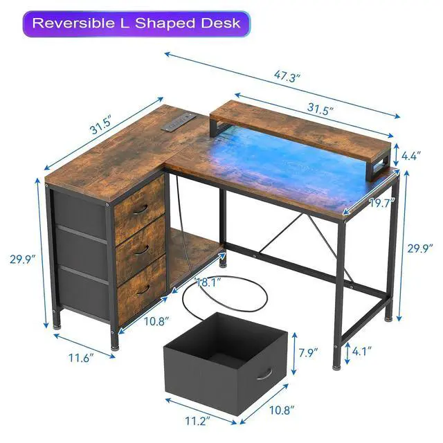 Alt view image 3 of 7 - Patikuin L Shaped Desk with Power Outlets & LED Lights, Computer Desk with Drawers & Shelves, Corner Desk Gaming Desk Home Office Desk, Rustic Brown