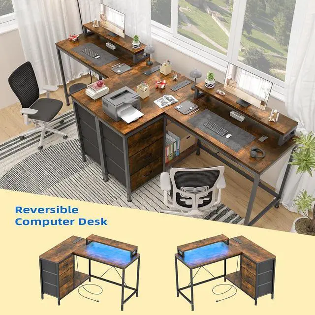 Alt view image 4 of 7 - Patikuin L Shaped Desk with Power Outlets & LED Lights, Computer Desk with Drawers & Shelves, Corner Desk Gaming Desk Home Office Desk, Rustic Brown