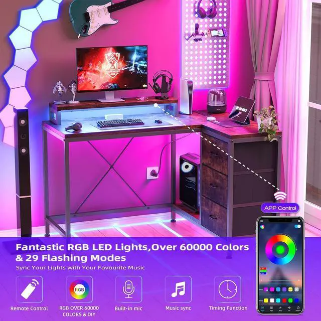 Alt view image 5 of 7 - Patikuin L Shaped Desk with Power Outlets & LED Lights, Computer Desk with Drawers & Shelves, Corner Desk Gaming Desk Home Office Desk, Rustic Brown