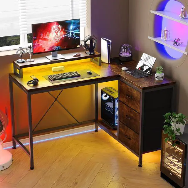 Alt view image 7 of 7 - Patikuin L Shaped Desk with Power Outlets & LED Lights, Computer Desk with Drawers & Shelves, Corner Desk Gaming Desk Home Office Desk, Rustic Brown