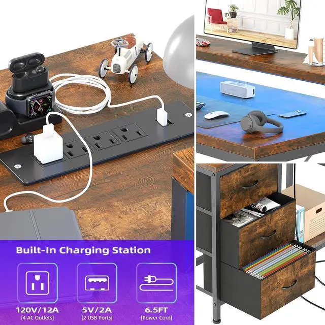 Alt view image 6 of 7 - Patikuin L Shaped Desk with Power Outlets & LED Lights, Computer Desk with Drawers & Shelves, Corner Desk Gaming Desk Home Office Desk, Rustic Brown