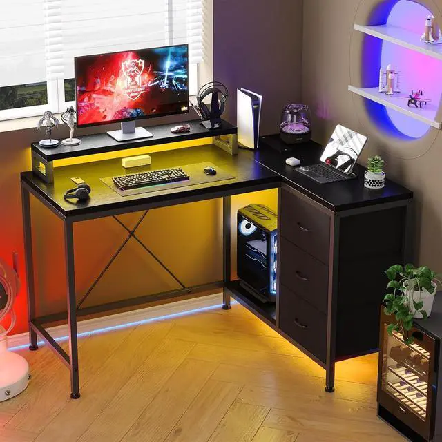 Alt view image 2 of 7 - Patikuin L Shaped Desk with Power Outlets & LED Lights, Computer Desk with Drawers & Shelves, Corner Desk Gaming Desk Home Office Desk, Black