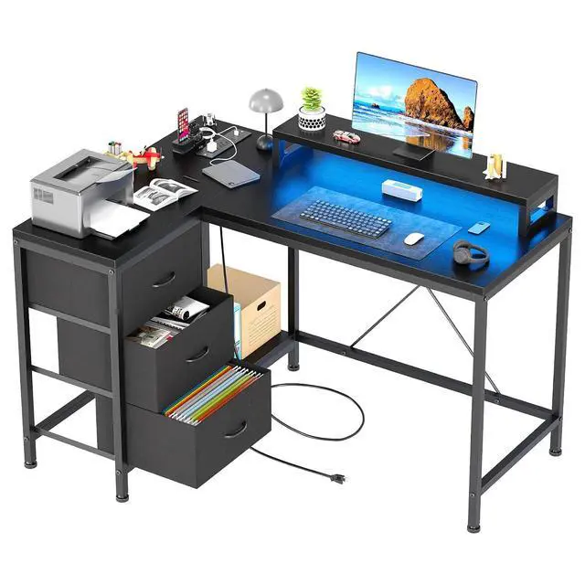 Main image of Patikuin L Shaped Desk with Power Outlets & LED Lights, Computer Desk with Drawers & Shelves, Corner Desk Gaming Desk Home Office Desk, Black