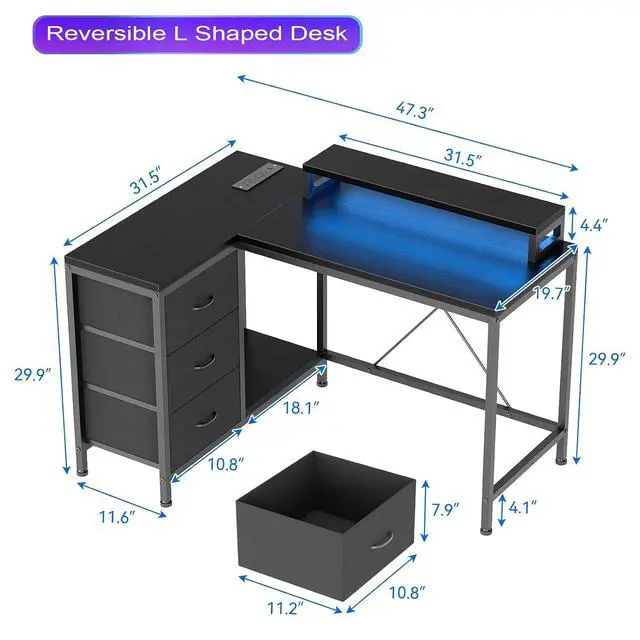 Alt view image 3 of 7 - Patikuin L Shaped Desk with Power Outlets & LED Lights, Computer Desk with Drawers & Shelves, Corner Desk Gaming Desk Home Office Desk, Black
