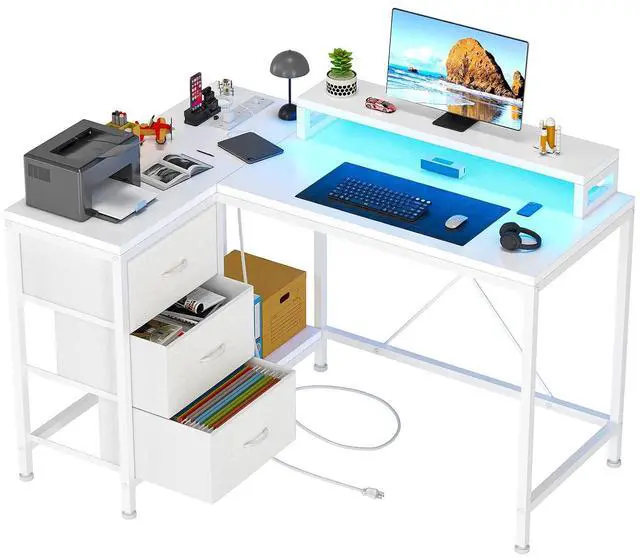 Main image of Patikuin L Shaped Desk with Power Outlets & LED Lights, Computer Desk with Drawers & Shelves, Corner Desk Gaming Desk Home Office Desk, White