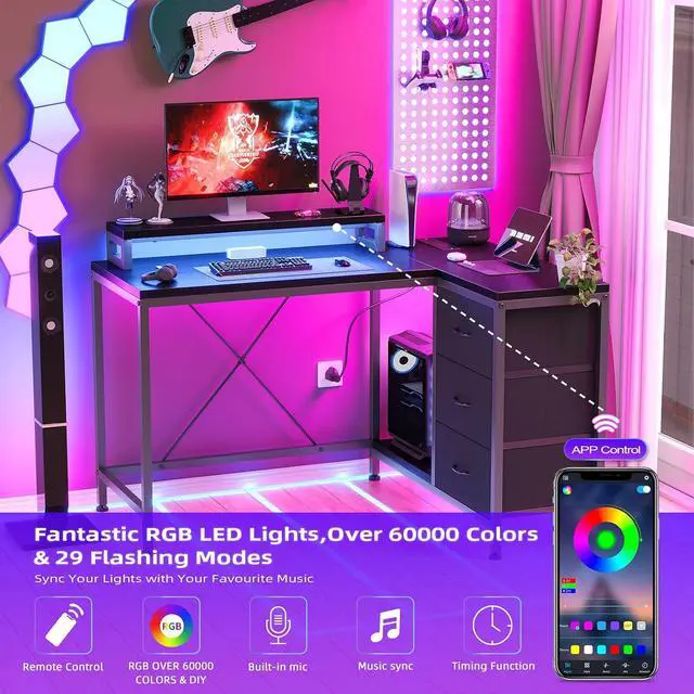 Alt view image 5 of 7 - Patikuin L Shaped Desk with Power Outlets & LED Lights, Computer Desk with Drawers & Shelves, Corner Desk Gaming Desk Home Office Desk, Black