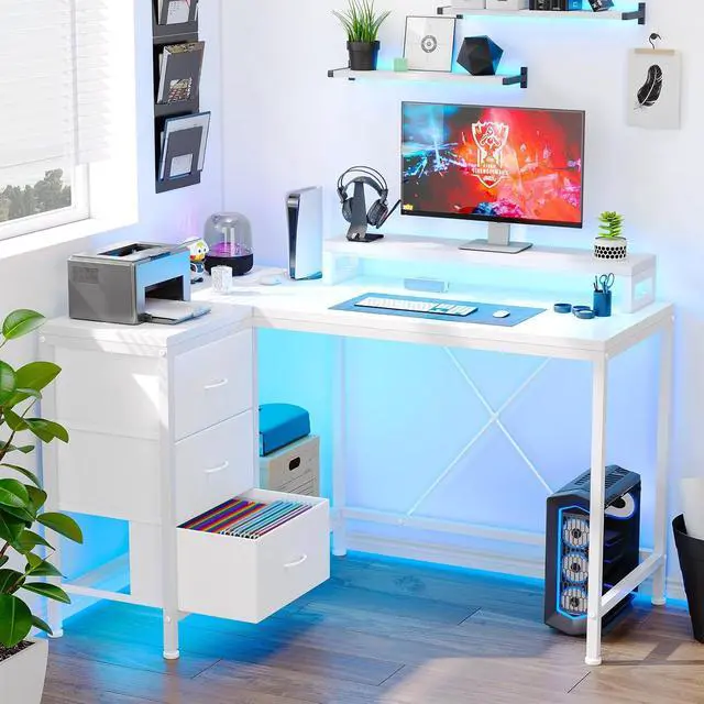 Alt view image 2 of 7 - Patikuin L Shaped Desk with Power Outlets & LED Lights, Computer Desk with Drawers & Shelves, Corner Desk Gaming Desk Home Office Desk, White