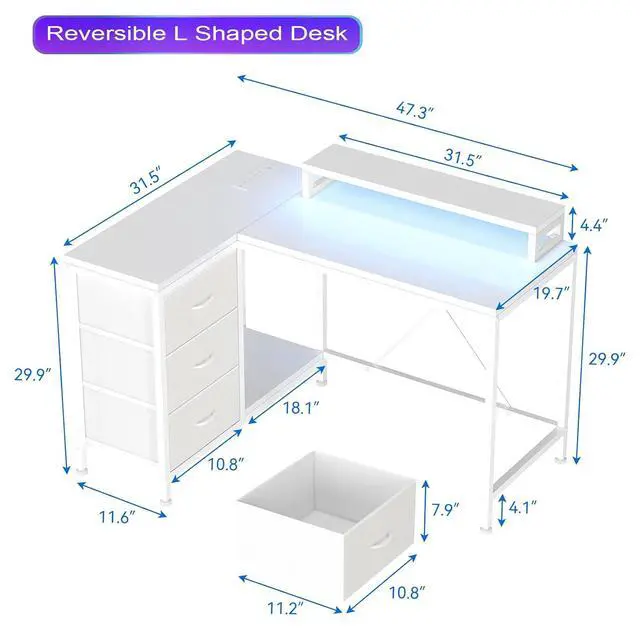 Alt view image 3 of 7 - Patikuin L Shaped Desk with Power Outlets & LED Lights, Computer Desk with Drawers & Shelves, Corner Desk Gaming Desk Home Office Desk, White
