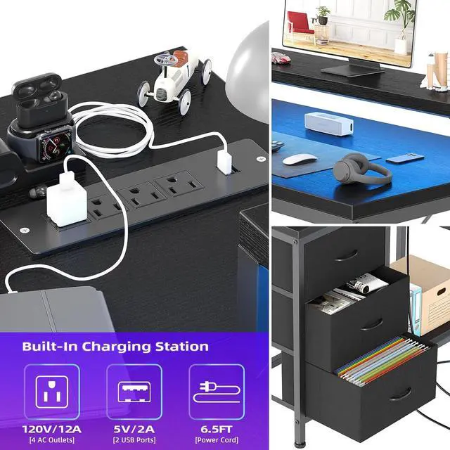 Alt view image 6 of 7 - Patikuin L Shaped Desk with Power Outlets & LED Lights, Computer Desk with Drawers & Shelves, Corner Desk Gaming Desk Home Office Desk, Black