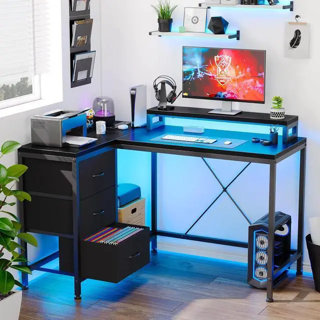 Alt view image 7 of 7 - Patikuin L Shaped Desk with Power Outlets & LED Lights, Computer Desk with Drawers & Shelves, Corner Desk Gaming Desk Home Office Desk, Black