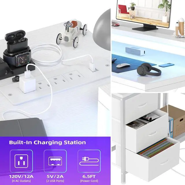 Alt view image 6 of 7 - Patikuin L Shaped Desk with Power Outlets & LED Lights, Computer Desk with Drawers & Shelves, Corner Desk Gaming Desk Home Office Desk, White