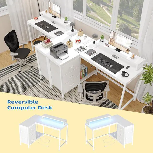 Alt view image 4 of 7 - Patikuin L Shaped Desk with Power Outlets & LED Lights, Computer Desk with Drawers & Shelves, Corner Desk Gaming Desk Home Office Desk, White