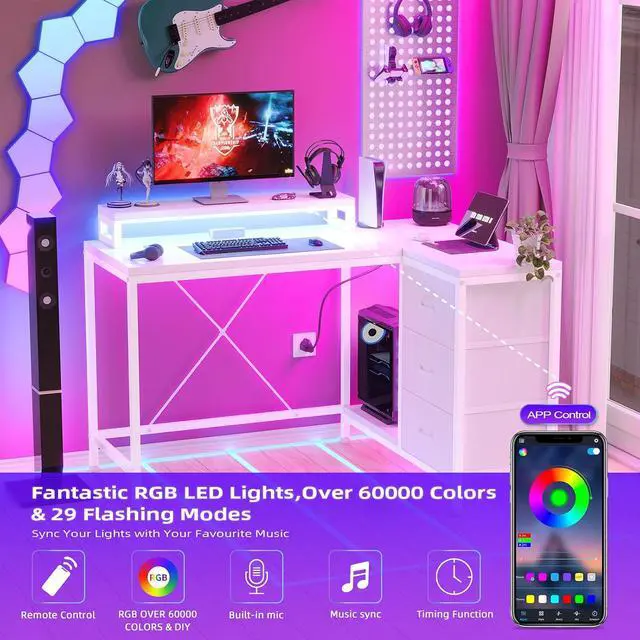 Alt view image 5 of 7 - Patikuin L Shaped Desk with Power Outlets & LED Lights, Computer Desk with Drawers & Shelves, Corner Desk Gaming Desk Home Office Desk, White