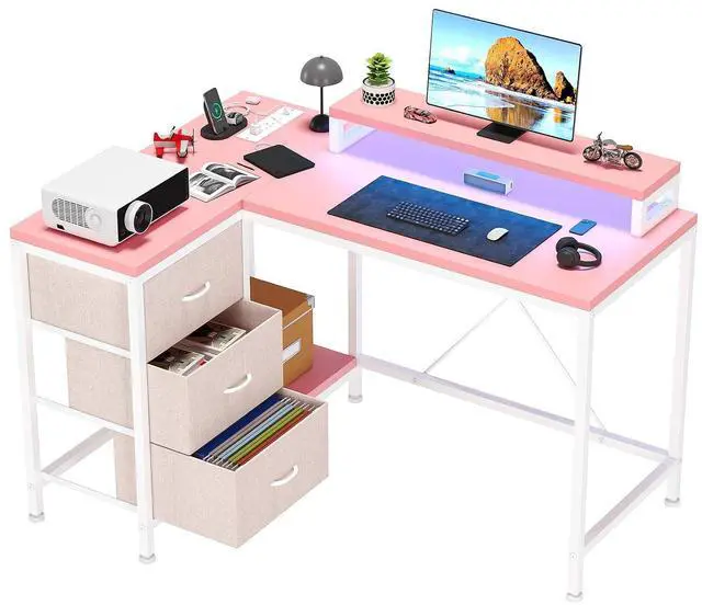 Main image of Patikuin L Shaped Desk with Power Outlets & LED Lights, Computer Desk with Drawers & Shelves, Corner Desk Gaming Desk Home Office Desk,Pink