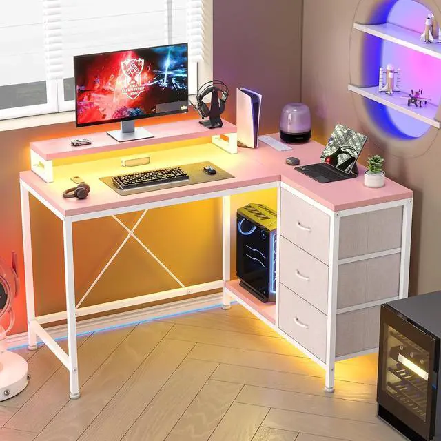 Alt view image 2 of 6 - Patikuin L Shaped Desk with Power Outlets & LED Lights, Computer Desk with Drawers & Shelves, Corner Desk Gaming Desk Home Office Desk,Pink