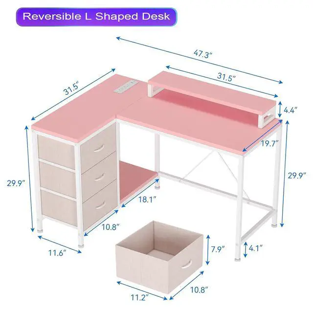 Alt view image 3 of 6 - Patikuin L Shaped Desk with Power Outlets & LED Lights, Computer Desk with Drawers & Shelves, Corner Desk Gaming Desk Home Office Desk,Pink