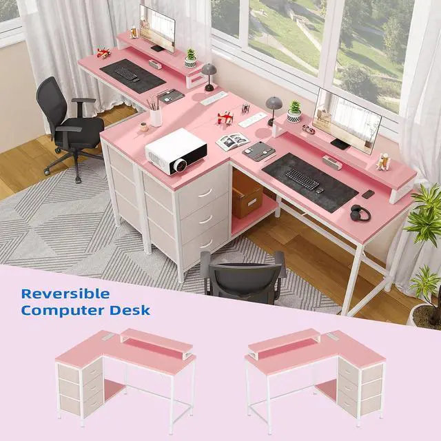 Alt view image 4 of 6 - Patikuin L Shaped Desk with Power Outlets & LED Lights, Computer Desk with Drawers & Shelves, Corner Desk Gaming Desk Home Office Desk,Pink
