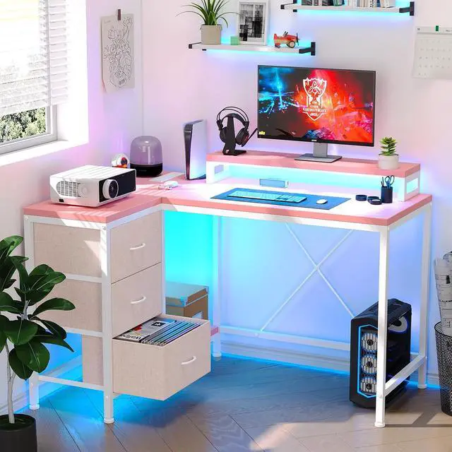 Alt view image 5 of 6 - Patikuin L Shaped Desk with Power Outlets & LED Lights, Computer Desk with Drawers & Shelves, Corner Desk Gaming Desk Home Office Desk,Pink