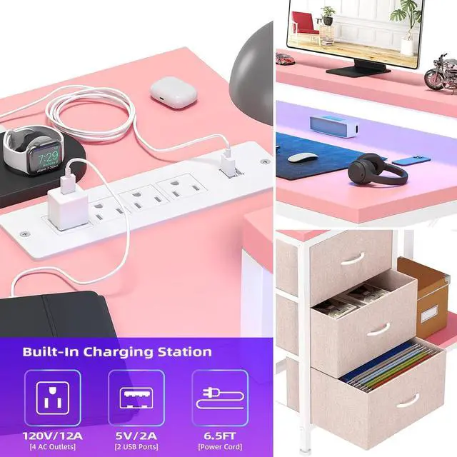 Alt view image 6 of 6 - Patikuin L Shaped Desk with Power Outlets & LED Lights, Computer Desk with Drawers & Shelves, Corner Desk Gaming Desk Home Office Desk,Pink