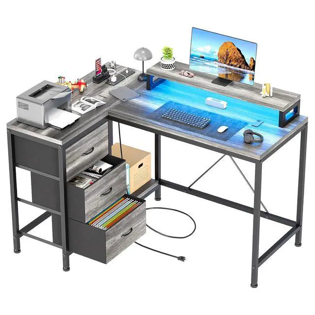 Main image of Patikuin L Shaped Desk with Power Outlets & LED Lights, Computer Desk with Drawers & Shelves, Corner Desk Gaming Desk Home Office Desk, Oak