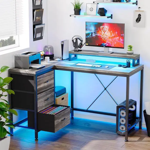 Alt view image 2 of 7 - Patikuin L Shaped Desk with Power Outlets & LED Lights, Computer Desk with Drawers & Shelves, Corner Desk Gaming Desk Home Office Desk, Oak