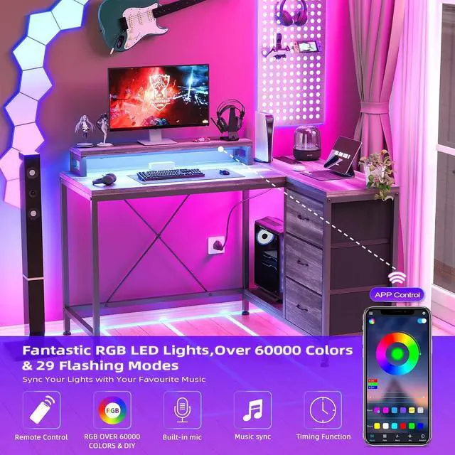 Alt view image 5 of 7 - Patikuin L Shaped Desk with Power Outlets & LED Lights, Computer Desk with Drawers & Shelves, Corner Desk Gaming Desk Home Office Desk, Oak
