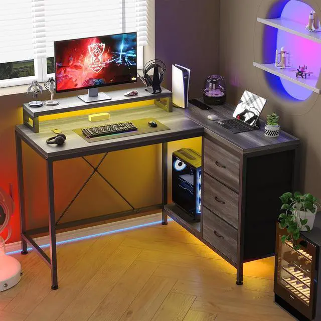 Alt view image 6 of 7 - Patikuin L Shaped Desk with Power Outlets & LED Lights, Computer Desk with Drawers & Shelves, Corner Desk Gaming Desk Home Office Desk, Oak