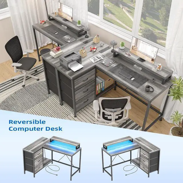 Alt view image 7 of 7 - Patikuin L Shaped Desk with Power Outlets & LED Lights, Computer Desk with Drawers & Shelves, Corner Desk Gaming Desk Home Office Desk, Oak