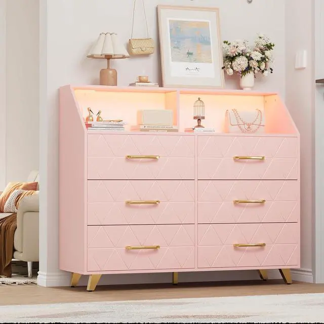 Main image of Patikuin 6 Drawer Dresser with LED Lights & Charging Station, Wooden Pink Dresser for Bedroom, Modern TV Stand Dressers & Chests of Drawers for Closet, Hallway, Entryway