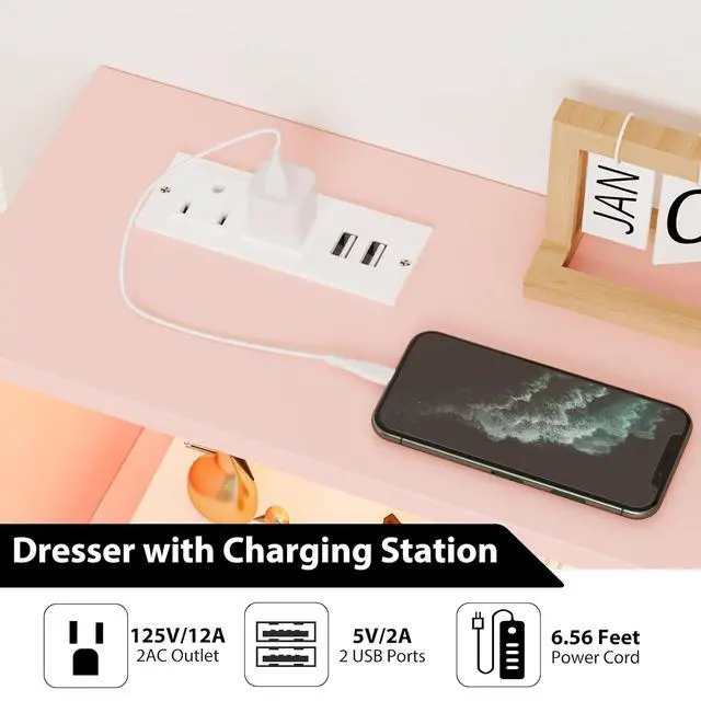 Alt view image 3 of 7 - Patikuin 6 Drawer Dresser with LED Lights & Charging Station, Wooden Pink Dresser for Bedroom, Modern TV Stand Dressers & Chests of Drawers for Closet, Hallway, Entryway