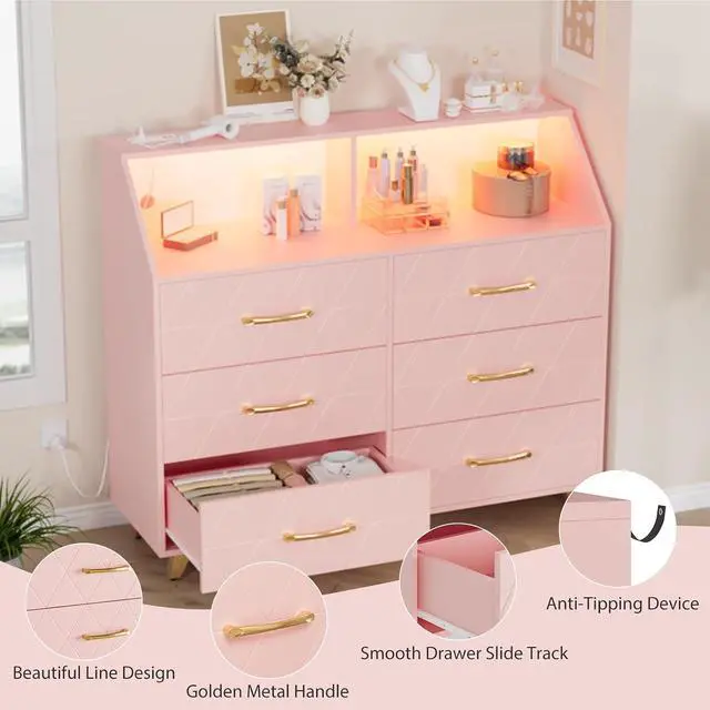 Alt view image 5 of 7 - Patikuin 6 Drawer Dresser with LED Lights & Charging Station, Wooden Pink Dresser for Bedroom, Modern TV Stand Dressers & Chests of Drawers for Closet, Hallway, Entryway
