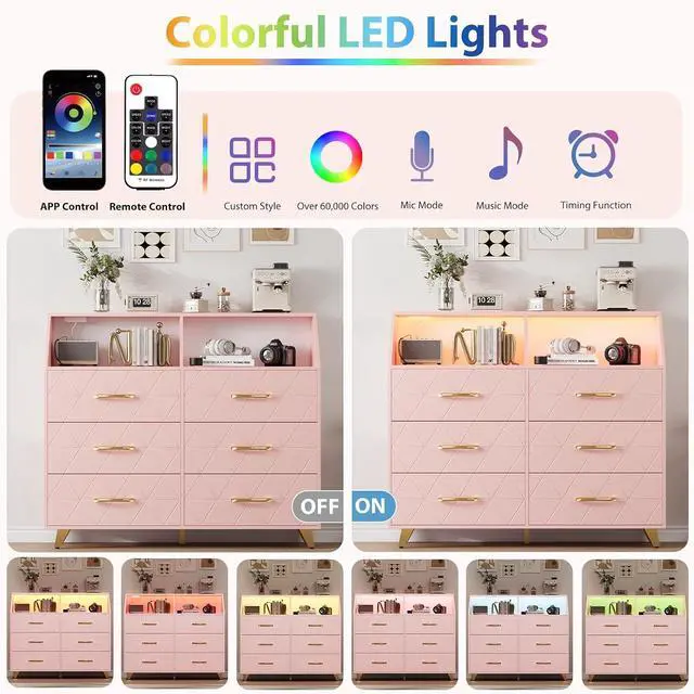 Alt view image 4 of 7 - Patikuin 6 Drawer Dresser with LED Lights & Charging Station, Wooden Pink Dresser for Bedroom, Modern TV Stand Dressers & Chests of Drawers for Closet, Hallway, Entryway