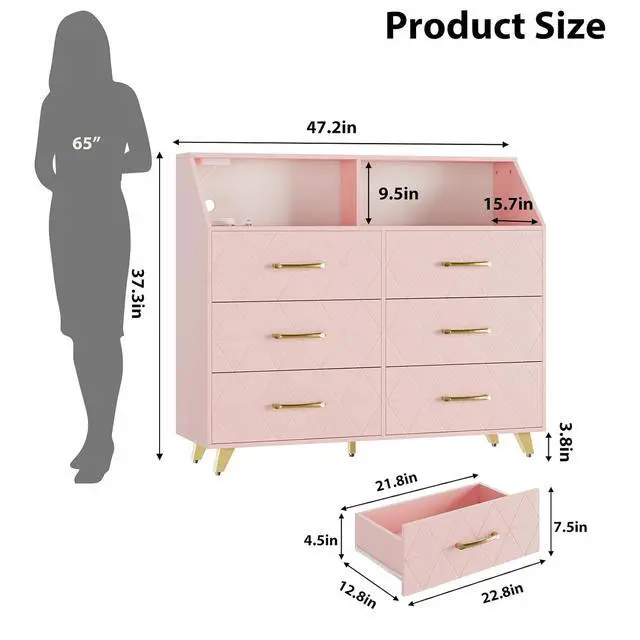 Alt view image 2 of 7 - Patikuin 6 Drawer Dresser with LED Lights & Charging Station, Wooden Pink Dresser for Bedroom, Modern TV Stand Dressers & Chests of Drawers for Closet, Hallway, Entryway