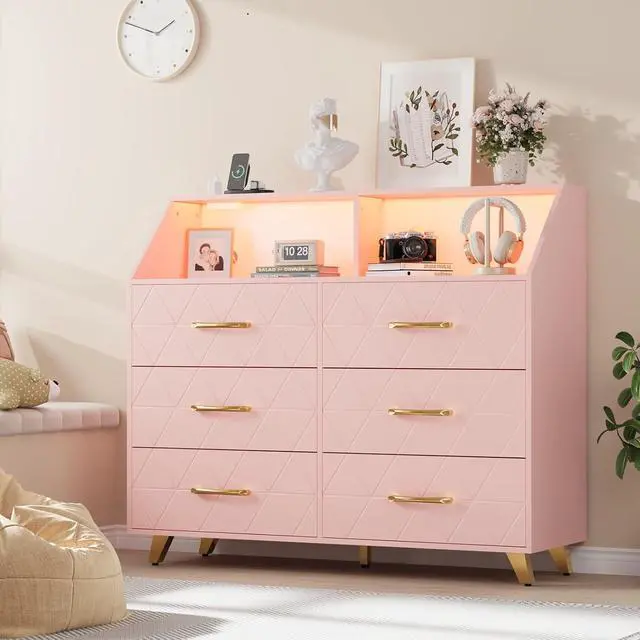 Alt view image 6 of 7 - Patikuin 6 Drawer Dresser with LED Lights & Charging Station, Wooden Pink Dresser for Bedroom, Modern TV Stand Dressers & Chests of Drawers for Closet, Hallway, Entryway