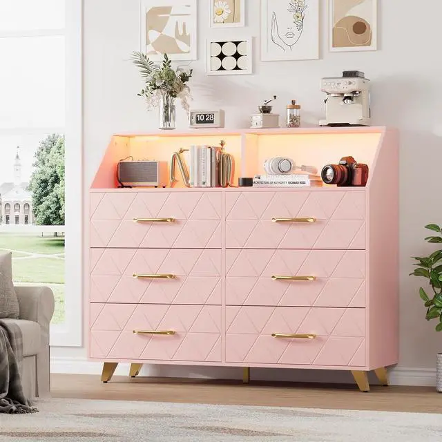 Alt view image 7 of 7 - Patikuin 6 Drawer Dresser with LED Lights & Charging Station, Wooden Pink Dresser for Bedroom, Modern TV Stand Dressers & Chests of Drawers for Closet, Hallway, Entryway
