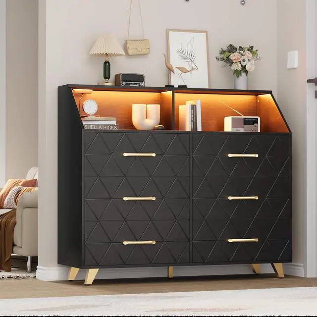 Main image of Patikuin 6 Drawer Dresser with LED Lights & Charging Station, Wooden Black Dresser for Bedroom, Modern TV Stand Dressers & Chests of Drawers for Closet, Hallway, Entryway