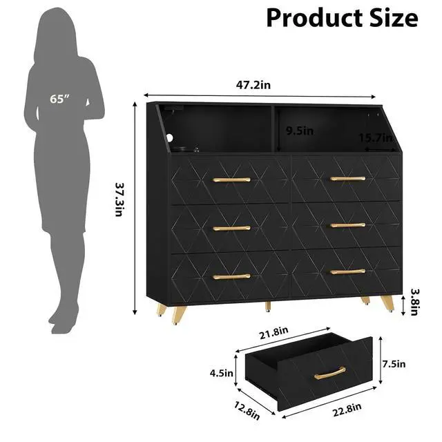 Alt view image 2 of 7 - Patikuin 6 Drawer Dresser with LED Lights & Charging Station, Wooden Black Dresser for Bedroom, Modern TV Stand Dressers & Chests of Drawers for Closet, Hallway, Entryway