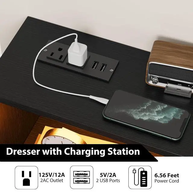 Alt view image 3 of 7 - Patikuin 6 Drawer Dresser with LED Lights & Charging Station, Wooden Black Dresser for Bedroom, Modern TV Stand Dressers & Chests of Drawers for Closet, Hallway, Entryway