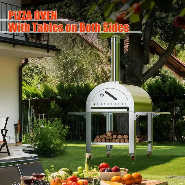 Alt view image 2 of 7 - Patikuin Outdoor Wood-Fired & Charcoal Pizza Oven, Stainless Steel Pizza Maker with Wheels, 2-Layer Insulated Outdoor Pizza Grill for Backyard Patio Camping