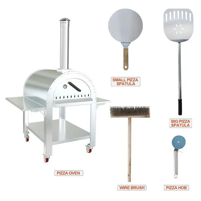 Alt view image 7 of 7 - Patikuin Outdoor Wood-Fired & Charcoal Pizza Oven, Stainless Steel Pizza Maker with Wheels, 2-Layer Insulated Outdoor Pizza Grill for Backyard Patio Camping