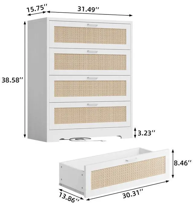 Alt view image 2 of 7 - Patikuin Rattan 4 Drawer Dresser, Wood Tall Chest of Drawers, White | Rattan Dresser for Bedroom with Power Outlets, 4-Drawer Wood Tall Chest of Drawers